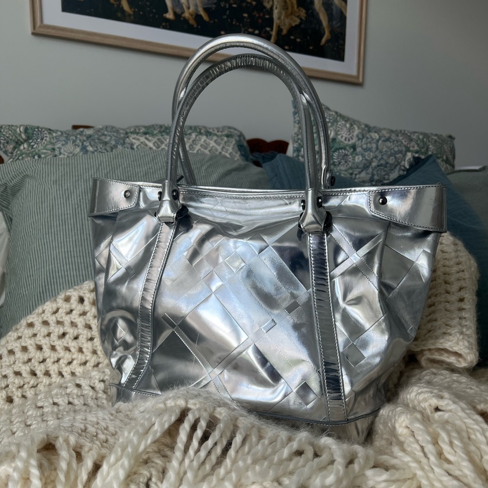 Burberry Silver Beat Check Patent Leather Ember Tote